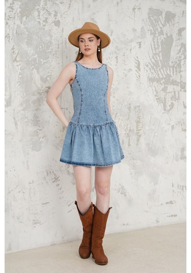 Fırfırlı Denim Kısa Elbise Mavi