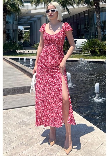 Madmext Kırmızı Desenli Yırtmaçlı Uzun Elbise Mg2004-kırmızı