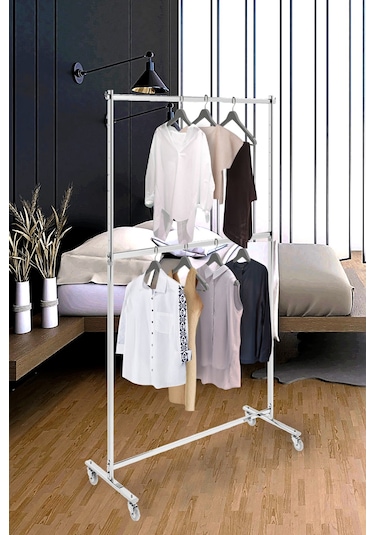 Ev Tipi Çift Katlı Kıyafet Askısı Tekerlekli Askılık Orta Stant Metal