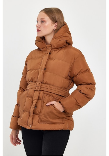 Alisse-kadın Taba Kapüşonlu Kemerli Şişme Mont Kaban Taba