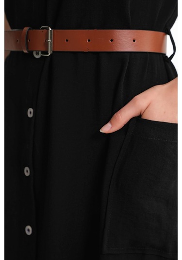 4453 Kadın Keten Cepli Midi Kemerli Elbise Siyah Siyah