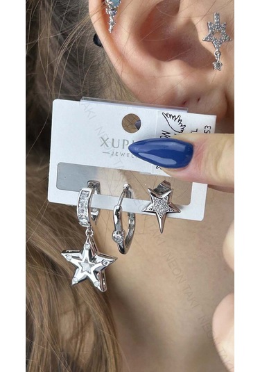 Çoklu Küpe, Zirkon Taş, Yıldız, Platinyum Kaplama Çelik Küpe 553, Gümüş Renk Gümüş