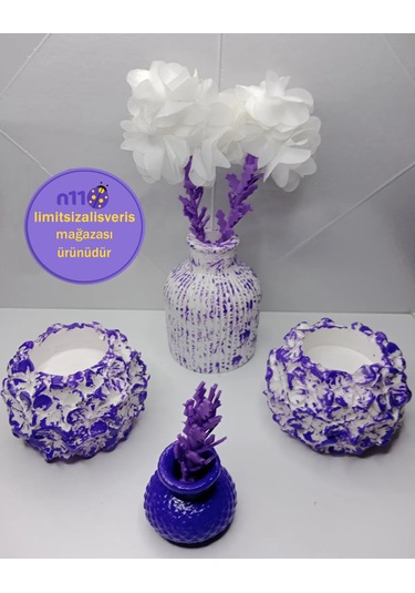 Mor Dekoratif Mumluk Obje Çiçekli Vazo Takımı Süsler Dahil Mor