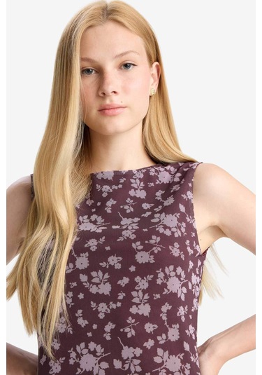 Defacto Coool Bisiklet Yaka Desenli Tül Kolsuz Mini Elbise F0415ax25wnbr232 Bordo