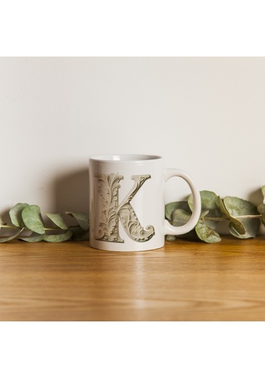 K Harfi Bardak, Monogram 330 Ml Barok Oymalı Görünüm Beyaz