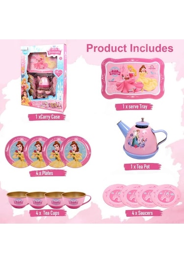 14 Parça Prenses Pembe Metal Oyuncak Çay Seti