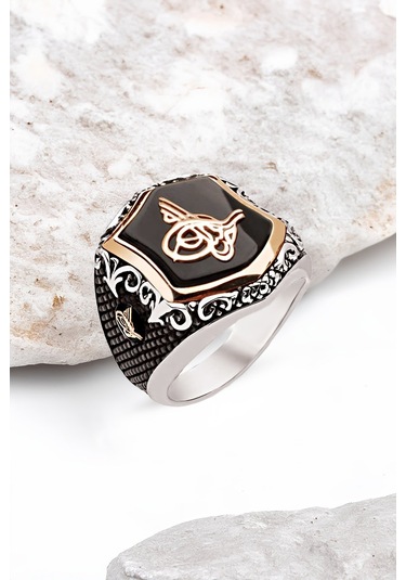 Gümüş Özel Kesim Onix Taşlı Tuğra İşlemeli Erkek Yüzük -5546