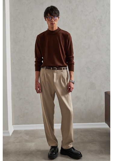 Erkek Yarım Balıkçı Oversize Basıc Triko Kazak Kahverengi