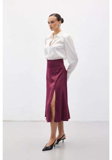 Sateen Yırtmaçlı Saten Etek - Mürdüm-136724 Mürdüm