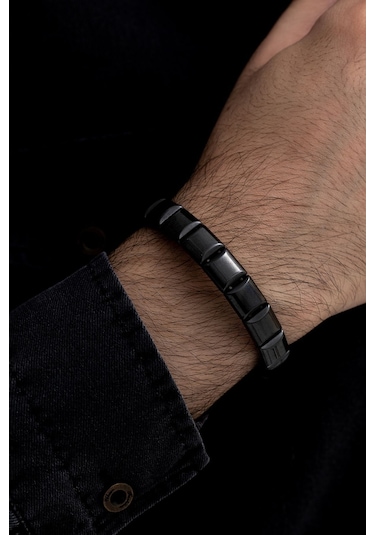Erkek Bileklik - Doğal Hematit Taşlı Modern Tasarım Bileklik Siyah