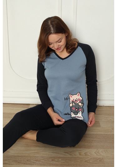 Fawn 04-3024 İnterlok Kumaş Minnoş Kedili Kışlık Ev Kadın Pijama Takımı Mavi