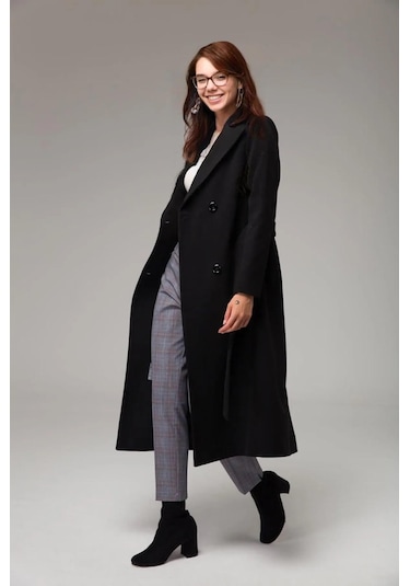 Tam Boy Beli Kuşaklı Kaşmir Kaşe Kaban Siyah