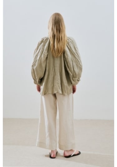Keten Krushlı Düğmeli Bluz Yeşil Yeşil