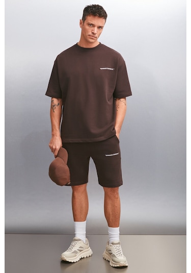 Colombıa Erkek 2'li Set Comfort Fit Rahat Kalıp Yazı Nakışlı Şardonsuz Kahverengi Eşofman Takımı
