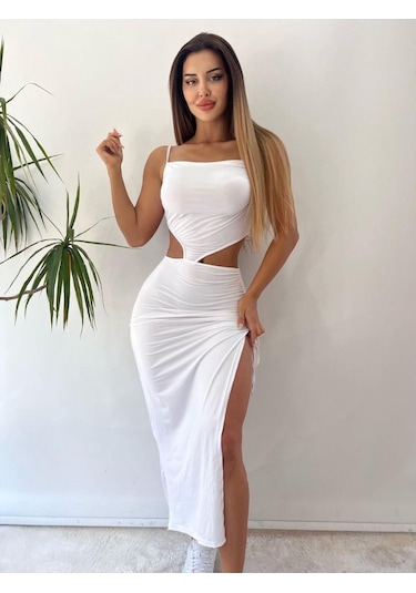 Pink Life Beyaz Kriptografik Zarif Seksi İp Detaylı Maksi Elbise
