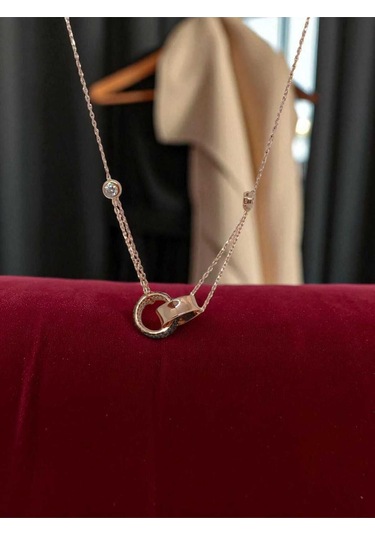 Birbirine Geçmiş Halka Model Taş Detaylı 925 Ayar Gümüş Kolye Modern Ve Şık Tasarım Gümüş