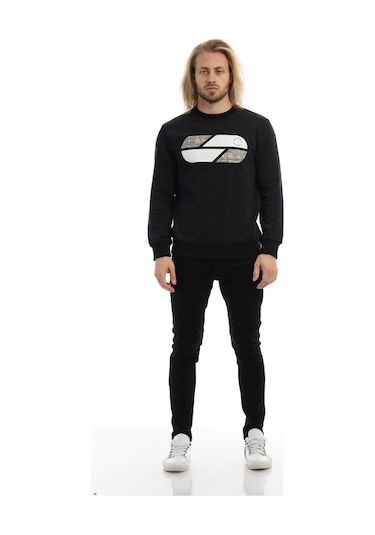 Erkek Polo State Baskılı Bisiklet Yaka Sweat Siyah