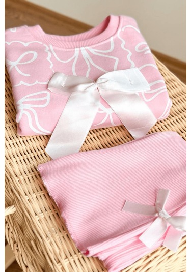 2-8 Yaş Fiyonk Detay Sweat Ve İspanyol Kız Çocuk Takım Pembe Pembe