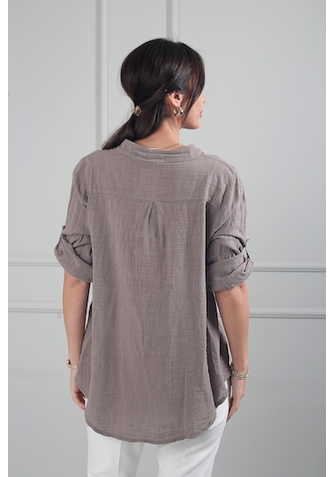 By Saygı Kadın Pul Detaylı Tek Cepli Oversize İthal Keten Gömlek Vizon