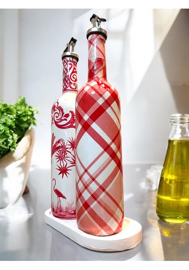 El Yapımı Kırmızı Beyaz Yağdanlık Seti Flamingo Ekose Desenli Cam Şişe, Dekoratif Mutfak & Sofra Ü Açık Pembe