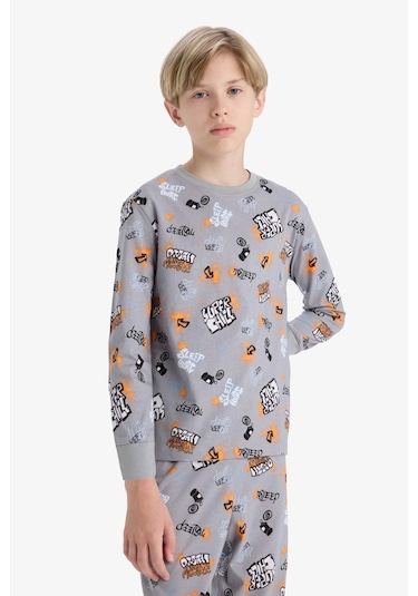 Defacto Erkek Çocuk Pijama Takımı Desenli Uzun Kollu Üst Uzun Alt F1892a825augr265 Gri