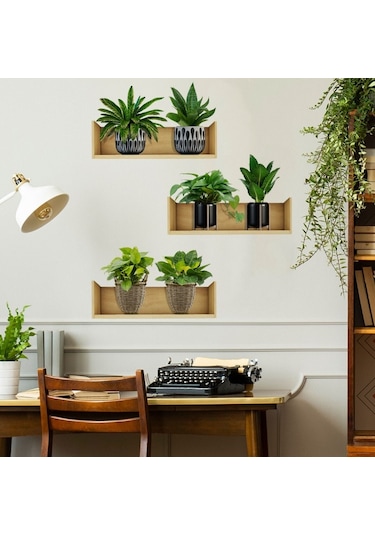 Raflı Bitki Tasarımlı Yapışkanlı Sticker 20 30 Cm 3lü Set 5060 Çok Renkli