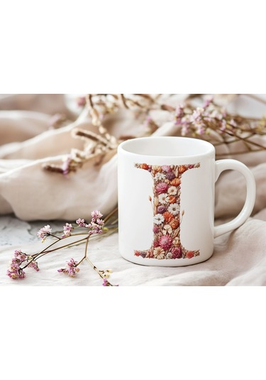 I Harfi Çiçek Desenli Kupa Bardak - Alfabe Harfleri İle Doğal Çiçekli Kupa - Hediye Fikir Beyaz