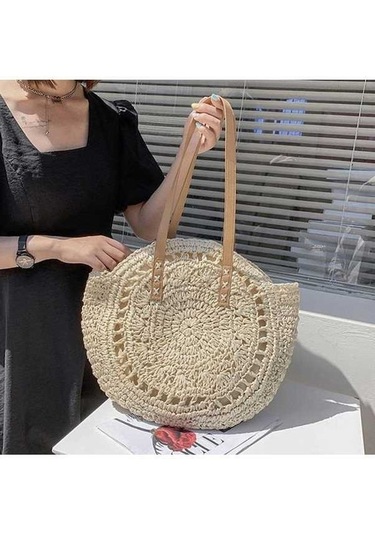 Novahub Bej Kadın Plaj Çantası, Hasır Omuz Çantası, 40x43cm, Tasarımcı Çiçek Desenli, Boş İç, Yogodlns, Omuz Çantası Bej