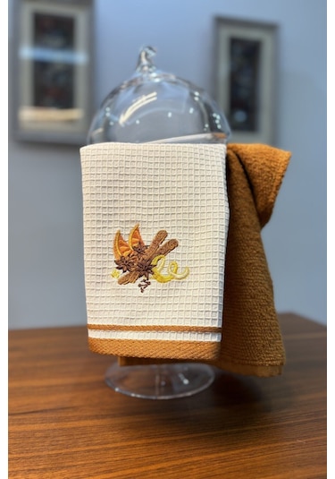 2 Li Mutfak Havlusu Portakal & Tarçın Nakışlı Kurulama Bezleri - 40x60 Cm Kiremit