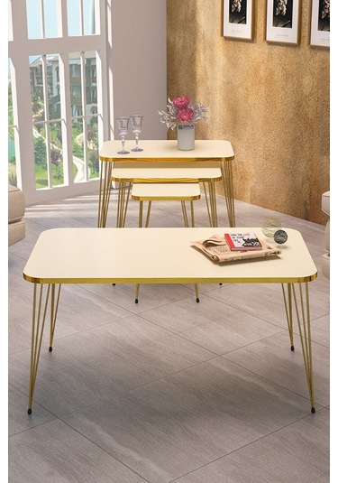 Zigon Sehpa Kr Ve Orta Sehpa Kr Set Gold Krem Tel