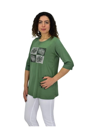 Caftan Kadın Kısa Kol Taşlı Bluz Bgl-st04710 Yeşil