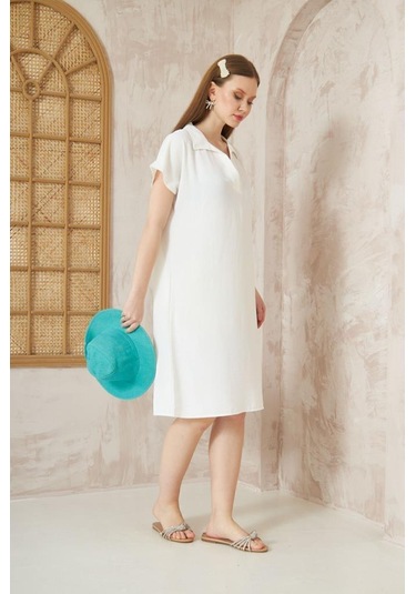 Kadın Bol Kesim Polo Yaka Kısa Kollu Günlük Kısa Midi Elbise Dizüstü 2883200 Ekru