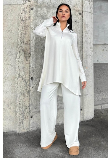 Ekru Asimetrik Kesim, Fermuarlı Bluz & Bol Paça Pantolon - Viskon İki İplik Kumaş Alt & Üst Takım Ekru