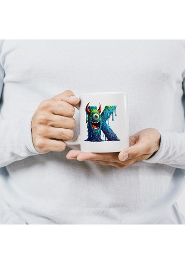 K Harfi Bardak, Sevimli Canavarlar Harflı Bardak Hediyesi Porselen Beyaz