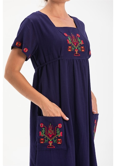 Kısa Kol Şile Bezi Melek Midi Boy Elbise Lacivert Lcvt