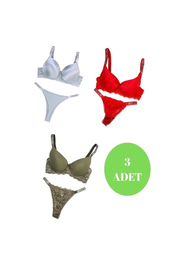 Murays Kadın 3lü Taşlı Mikro Sütyen Takım Gri/kırmızı/haki