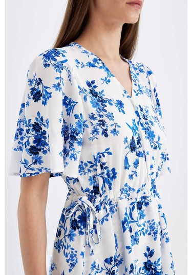 DeFacto Wrap Yaka Çiçek Desenli Maroken Yarım Kollu Mini Elbise C7223AX24SMBE303