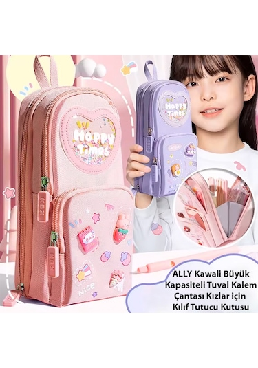 Ally Kawaii Büyük Kapasiteli Tuval Kalem Çantası Kızlar İçin Kılıf Tutucu Kutusu - Pembe Pembe