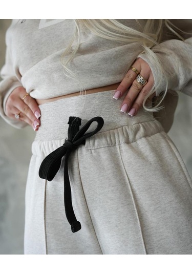 Kadın Uzun Kollu Nope Baskılı Beli Ribanalı Ikili Takım Gri