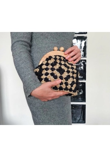 Ahşap Burslu Süet Siyah Çanta , Siyah Camel Clutch, El Yapımı Çanta Siyah Süet