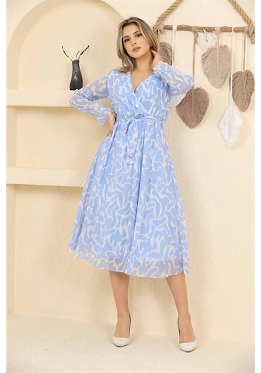 Neşeli Butik Kadın Mavi Desenli Şifon Elbise Rssn32 Mavi