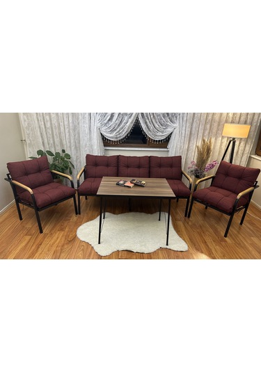Modern Modern Style Home Uzungöl Balkon, Bahçe, Cafe - Metal Kanepe Koltuk Takımı - 3+1+1+masa Bordo Modern3b Bordo