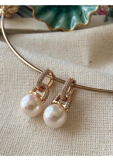 Vip Zirkon Taşlı Biyeli İnci Küpe Çok Renkli