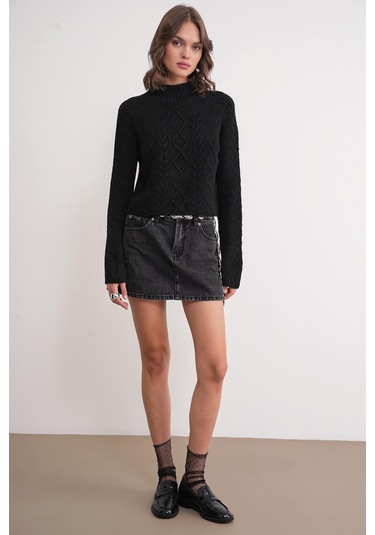 6855 Kadın Dik Yaka Saç Örgülü Triko Kazak Siyah Siyah