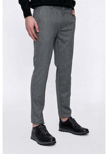 MORVEN  Erkek Gri Poliviskon Desenli Slim Fit Pantolon