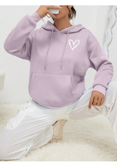 Unisex Kadın/Erkek Kalp Desenli Kanguru Cepli Düşük Omuz Ipli Kapüşonlu Üst