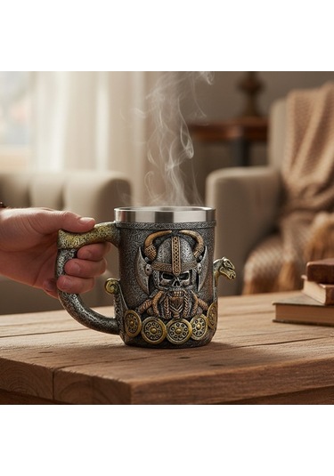 Viking Miğferli Savaşçı Figürlü Kupa Paslanmaz Çelik İç Hazne Diğer