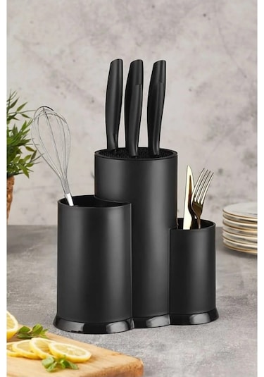 Rita Tezgah Üstü Bölmeli Kaşık Bıçak Standı - Siyah Kaşıklık
