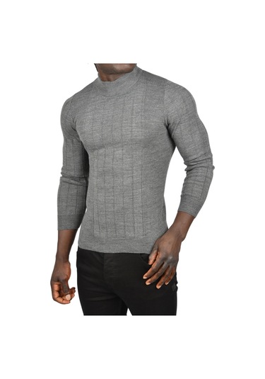 Deepsea Erkek Antrasit Yarım Balıkçı Yaka Çizgili Tüylenmeyen Slim Fit Triko Kazak 2505491 Antrasit