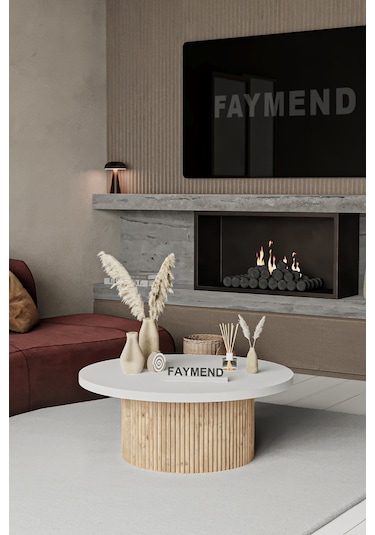 Faymend Kooky Modern Yuvarlak Meşe - Beyaz Ahşap Orta Sehpa '70cm' Sarı